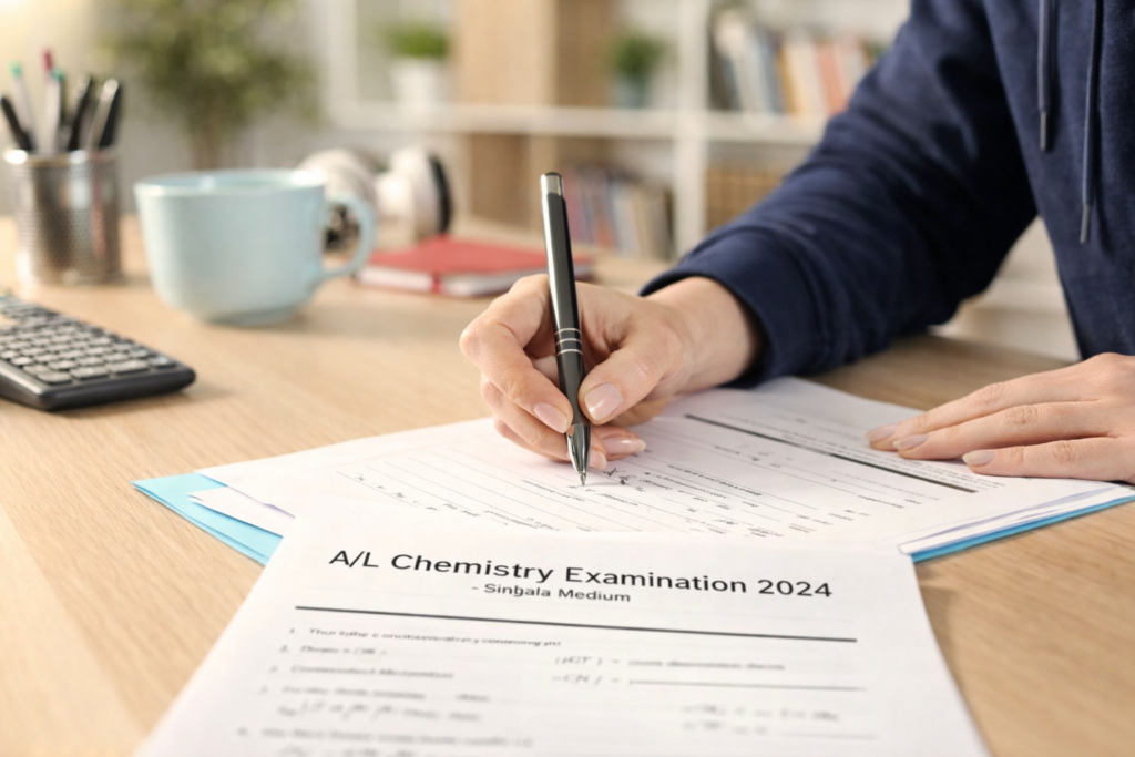 Student writing answers on A/L Chemistry past paper Sinhala medium at study desk