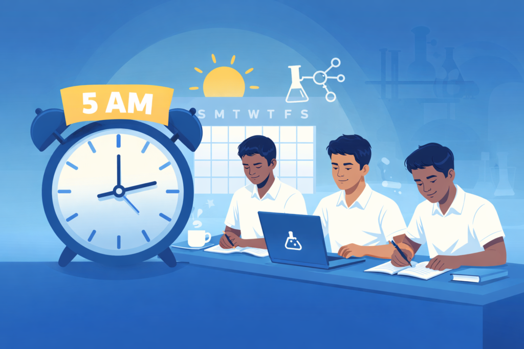 Students studying chemistry early in the morning with a 5 AM clock representing the 5AM Chemistry Club routine.
