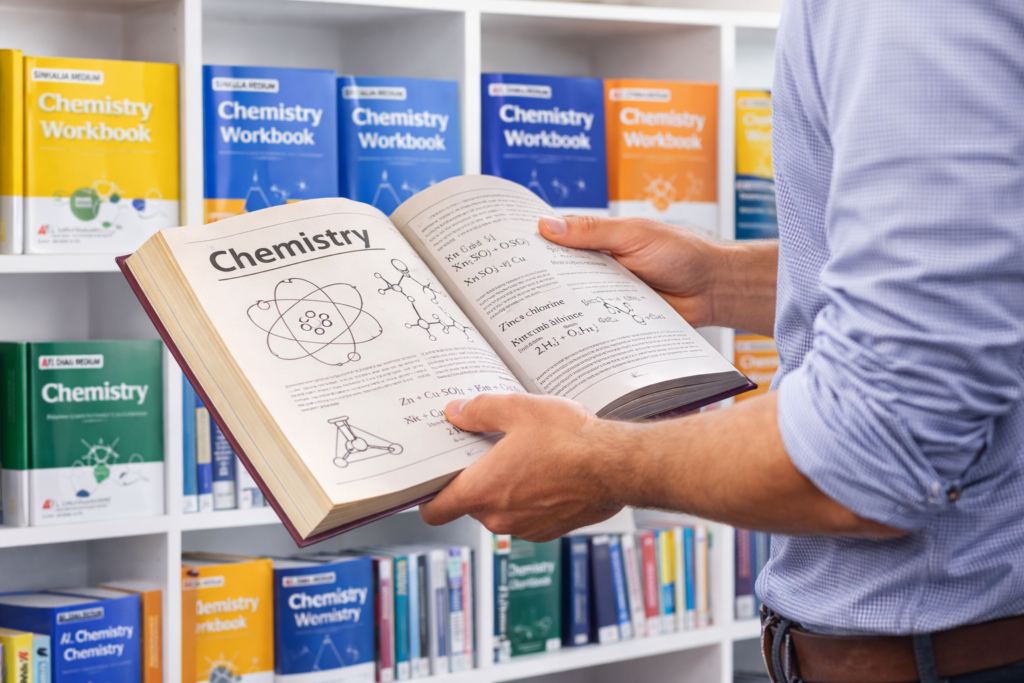 Student reading an A/L Chemistry textbook in front of a bookshelf filled with chemistry books.