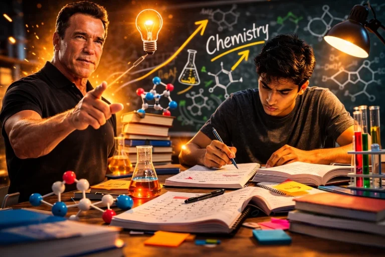 A/L student studying chemistry with books and notes while inspired by Arnold Schwarzenegger’s rules for success