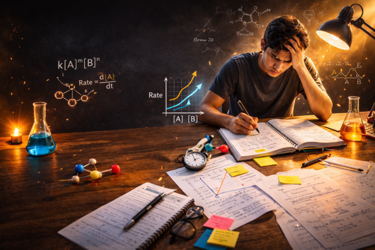 Student struggling while studying Chemical Kinetics at a desk with chemistry notes and diagrams