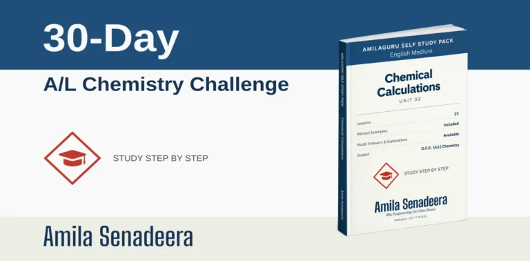 Promotional graphic for the 30-Day A/L Chemistry Challenge featuring the "Chemical Calculations Unit 03" AmilaGuru Self Study Pack book cover by Amila Senadeera.